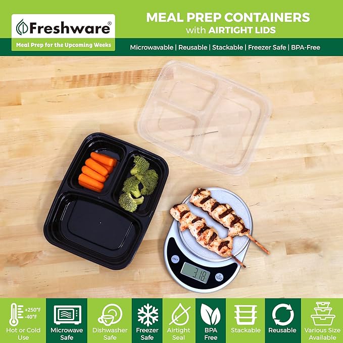 Freshware Bento Box Meal Prep Containers, 3-Compartment, 32 ounce