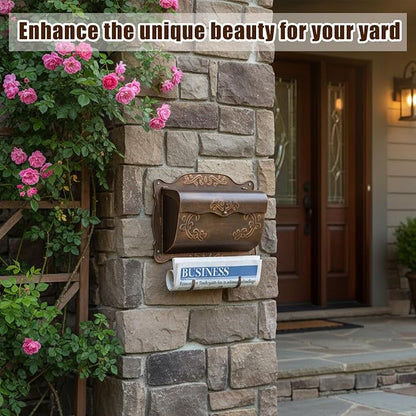 Wall Mount Mailbox with Newspaper Holder, Vintage Metal Wall Mailboxes for Outside, Decorative Front Porch Mail Box Mounted, Horizontal Mailbox with Antique Floral Design for Outdoor and House Garden