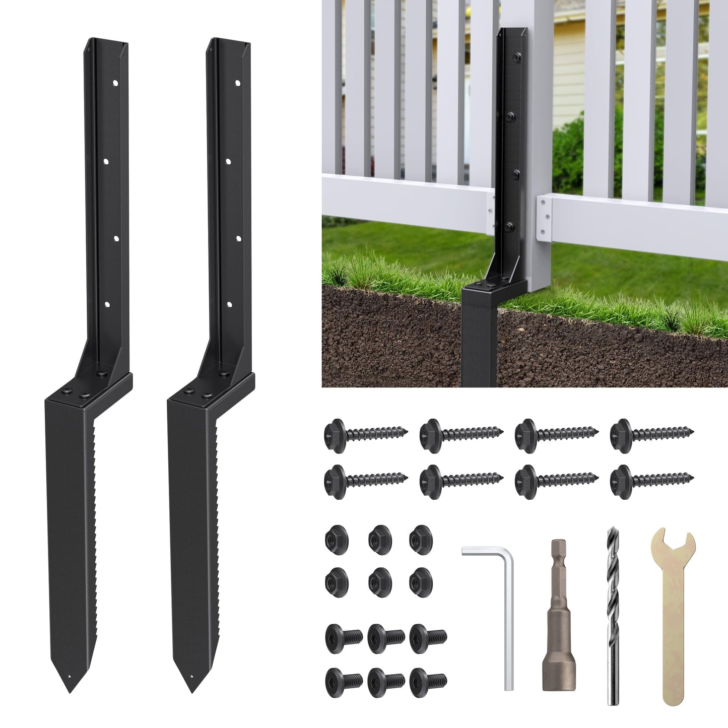 Fence Post Repair Kit 2 Pack, Heavy Duty Fence Post Anchor for Wooden Post, Repair Tilted,Fix Broken Wood Support, Steel Ground Spike Fencing Stakes (Black)