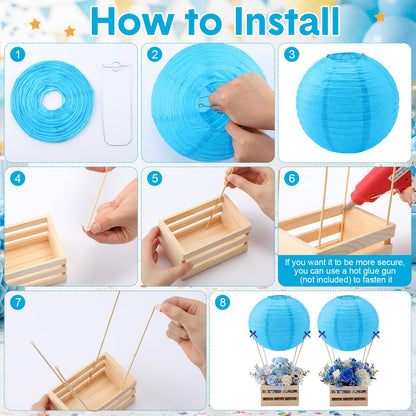 Gerrii 8 Sets Blue Hot Air Balloon Table Centerpieces, 8" Paper Lanterns with Wooden Crates Bamboo Sticks and Bows, DIY Hot Air Balloon Decor for Bridal Shower Wedding Bachelorette Birthday Party