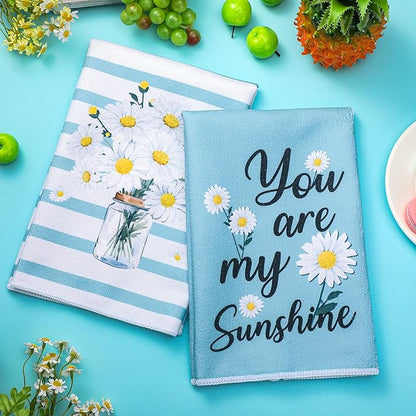 Boyiee Set of 6 Daisy Flower Kitchen Towels Daisy Stripes Tea Towels Floral