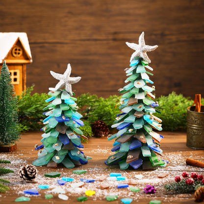 Innconee 2 Pack DIY Sea Glass Christmas Tree Handmade Kit Tabletop Shells Beach Christmas Trees Handcrafted Coastal Xmas Decor for Ocean Birthday Party Table Centerpiece (9.45'' X 3.15'')