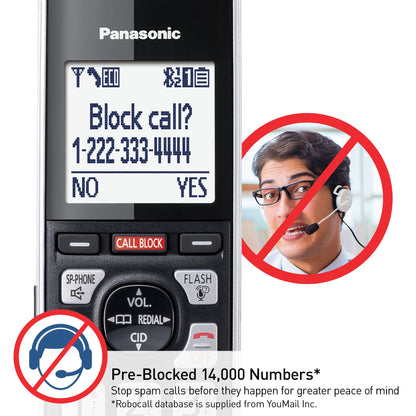 Panasonic Cordless Phone with Advanced Call Block, Link2Cell Bluetooth, One-Ring Scam Alert, and 2-Way Recording, Answering Machine, 5 Handsets - KX-TGF975B (Black/Silver Trim)