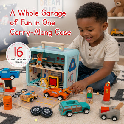 Jack Rabbit Creations Auto Garage Suitcase Playset, Portable Carry Case Style, Multicolor, 16 Eco-Friendly Wooden Figures, Mechanics, Cars & Car Lifts, Gas Pump, Oil Can, Tires, Travel Toy, Ages 3+