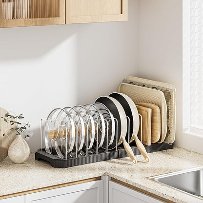MUDEELA Pots and Pans Organizer under Cabinet, Expandable Rack with Pot Lid Holder and 12 Adjustable Dividers, Pan Organizers inside Cabinet for Kitchen Organization, Cutting Boards, Baking Sheets