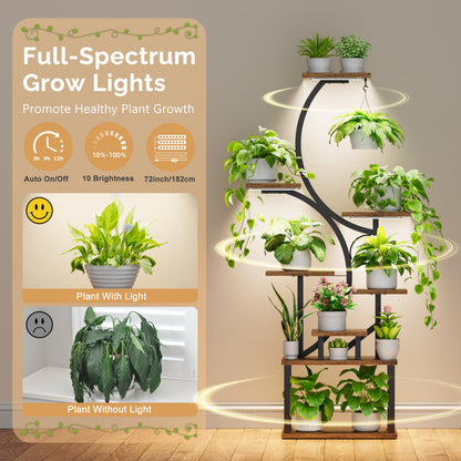 Plant Stand with Grow Lights for Indoor Plants, 8-Tiered Tall Corner Plant Shelf with Full Spectrum Light, S-Shaped Space-Saving Narrow Flower Holder, Anti-Tip for Living Room Bedroom Office, Brown