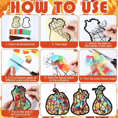 Eersida 32 Pcs Thanksgiving Pumpkin Suncatchers Paper Craft Set Fall DIY Pumpkin Shaped Stained Glass Tissue Paper Kit Bulk for Autumn Thanksgiving Classroom Activities Party Window Art Decor