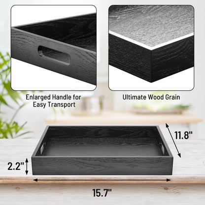ATZYmolin Wood Serving Tray with Handles, Home Decorative Wooden Rectangle Ottoman Decor Platter Vanity Tray for Breakfast Dinner Drinks Kitchen Dining Living Bathroom Restaurants Black