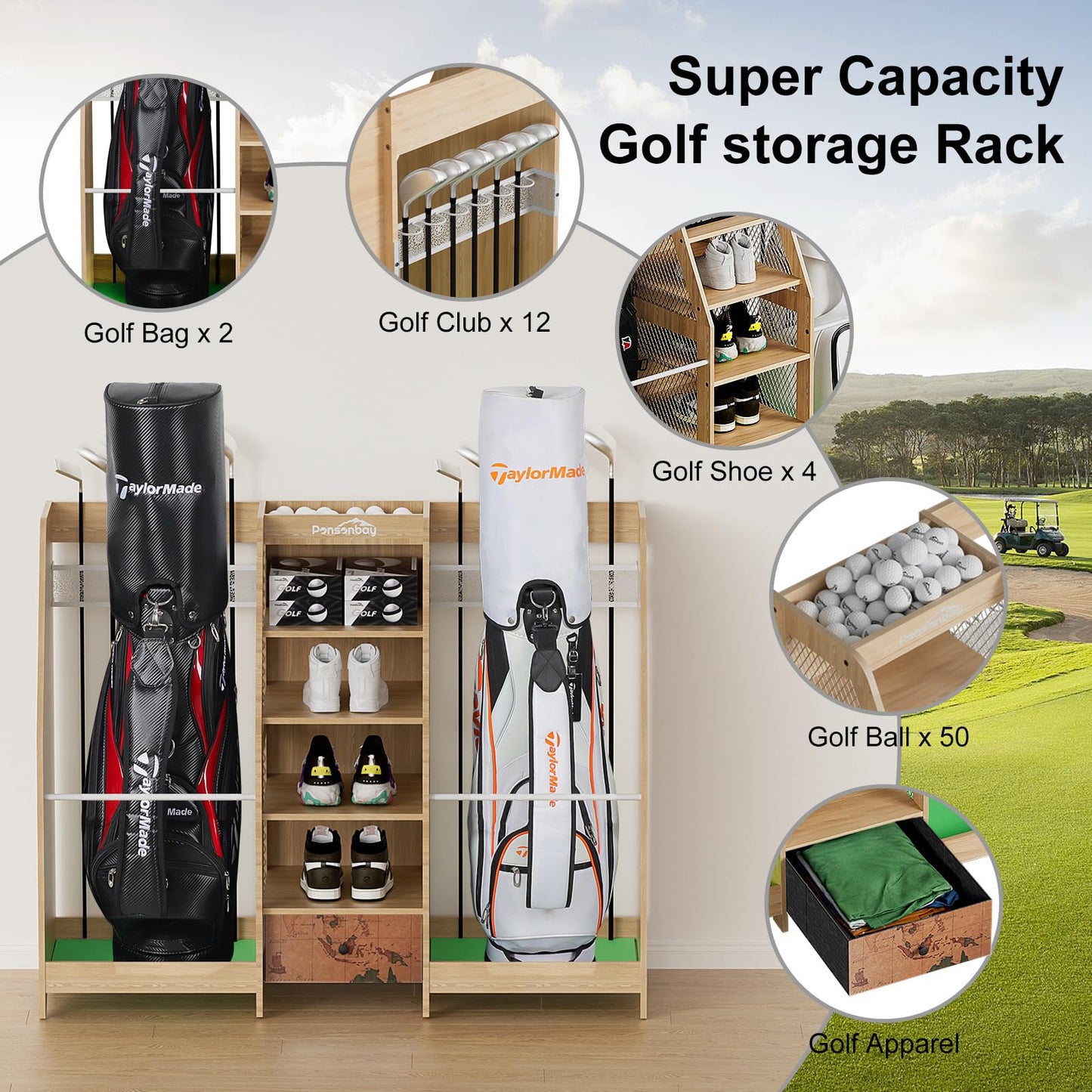 Ponsonbay Golf Bag Storage Organizer for Garage, Premium Wooden 2 Golf Bags Rack with Drawer, Easy Assemble Golf Club Stand/Holder Suitable for Garage Home Simulator and Office
