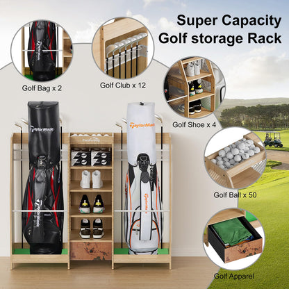 Ponsonbay Golf Bag Storage Organizer for Garage, Premium Wooden 2 Golf Bags Rack with Drawer, Easy Assemble Golf Club Stand/Holder Suitable for Garage Home Simulator and Office