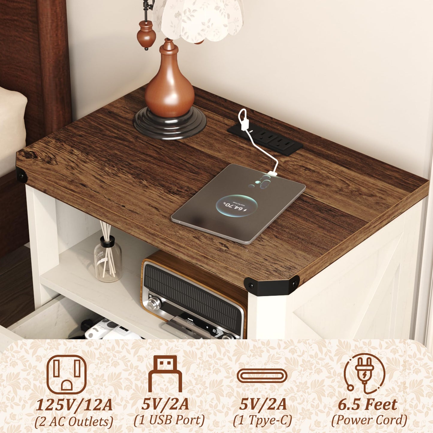 Yusong 23.62” Tall Farmhouse Nightstand, Rustic Wooden Night Stand with Charging Station, Beside Table with Drawers and Open Storage, End Tables for Bedroom, Cream White 003
