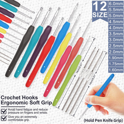 XSEINO Crochet Kit with Step-by-Step Video Tutorials，Premium Bundle Includes 12 Roll x50Yard Acrylic Yarn Balls, 12 Crochet Hooks, Crochet Bag and All Accessories Kit, Crochet Kit for Beginners