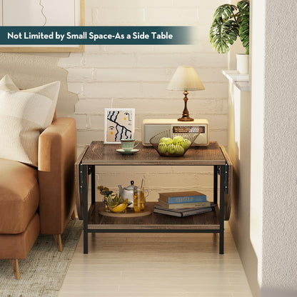 SAYGOER Folding Coffee Table for Living Room, Small Coffee Tables with 2-Tier Storage, Mid Century Modern Center Table for Small Space, Oval Farmhouse Table Square, Dark Brown