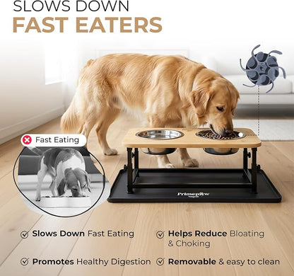 Adjustable Raised Dog Bowls – Elevated Dog Bowl Stand with Bamboo Stand, 2 Stainless Steel Bowls, Slow Feeder Insert & Silicone Mat – Dog Bowls with Stand for Small & Medium Dogs