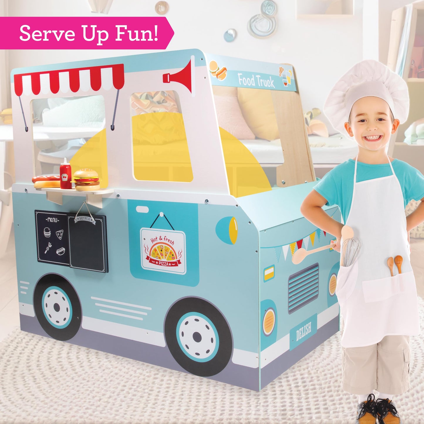 Food Truck Wooden Playset- 20 Fun Toy Pieces Including Cook Top, Steering Wheel, Sticker Sheet for Kids Name- Food Tray, Pizza Slices & More, Dual Sided Play Stand for Indoor Fun Activity, For Ages 3+