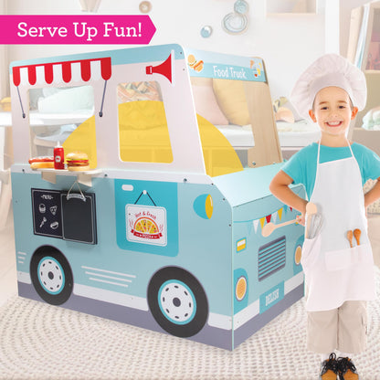 Food Truck Wooden Playset- 20 Fun Toy Pieces Including Cook Top, Steering Wheel, Sticker Sheet for Kids Name- Food Tray, Pizza Slices & More, Dual Sided Play Stand for Indoor Fun Activity, For Ages 3+