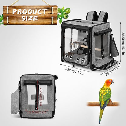 Bird Carrier with Seat Belt for Car Travel, Bird Backpack Carrier with Indestructible Stainless Steel Mesh, Large Bird Carrier Travel Cage, Grey