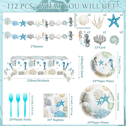 G1ngtar Ocean Seashell Party Decoration Set - Serves 24- 112Pcs Nautical Coastal Beach Summer Themed Tableware Disposable Plate Napkin Tablecloth Banner Card for Birthday Party Supplies