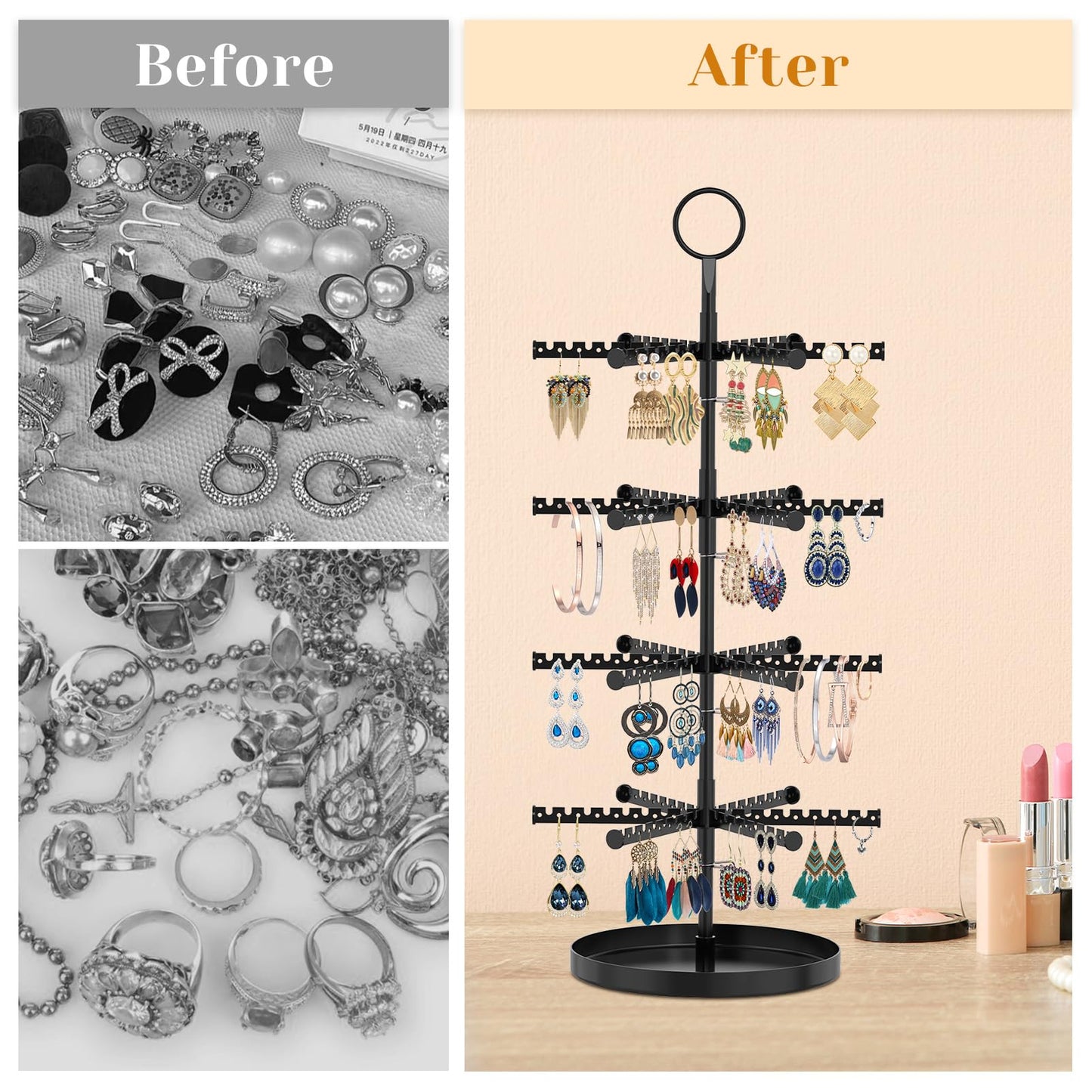 MODOWEY 4 Tier Metal Rotating Earring Holder Organizer Stand Adjustable Display Tree for Women, 384 Holes and Grooves Rack Tower for Pierced Dangle, Large Capacity Space-Saving Jewelry Hanger, Black