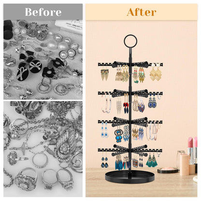 MODOWEY 4 Tier Metal Rotating Earring Holder Organizer Stand Adjustable Display Tree for Women, 384 Holes and Grooves Rack Tower for Pierced Dangle, Large Capacity Space-Saving Jewelry Hanger, Black