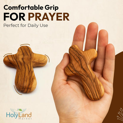 Holy Land Market 10 Olive Wood Comfort Crosses with Velvet Bags & Lord's Prayer Card - Palm Sized Hand Held Cross (4 in) - 10 Packs