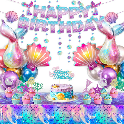 Winrayk Purple Mermaid Party Decorations Birthday Supplies for Girls, Large Foil Balloon with Birthday Banner/ Shell Garland/ Tablecloth/ Metallic Balloon/ Cake Topper, Little Mermaid Party Decoration