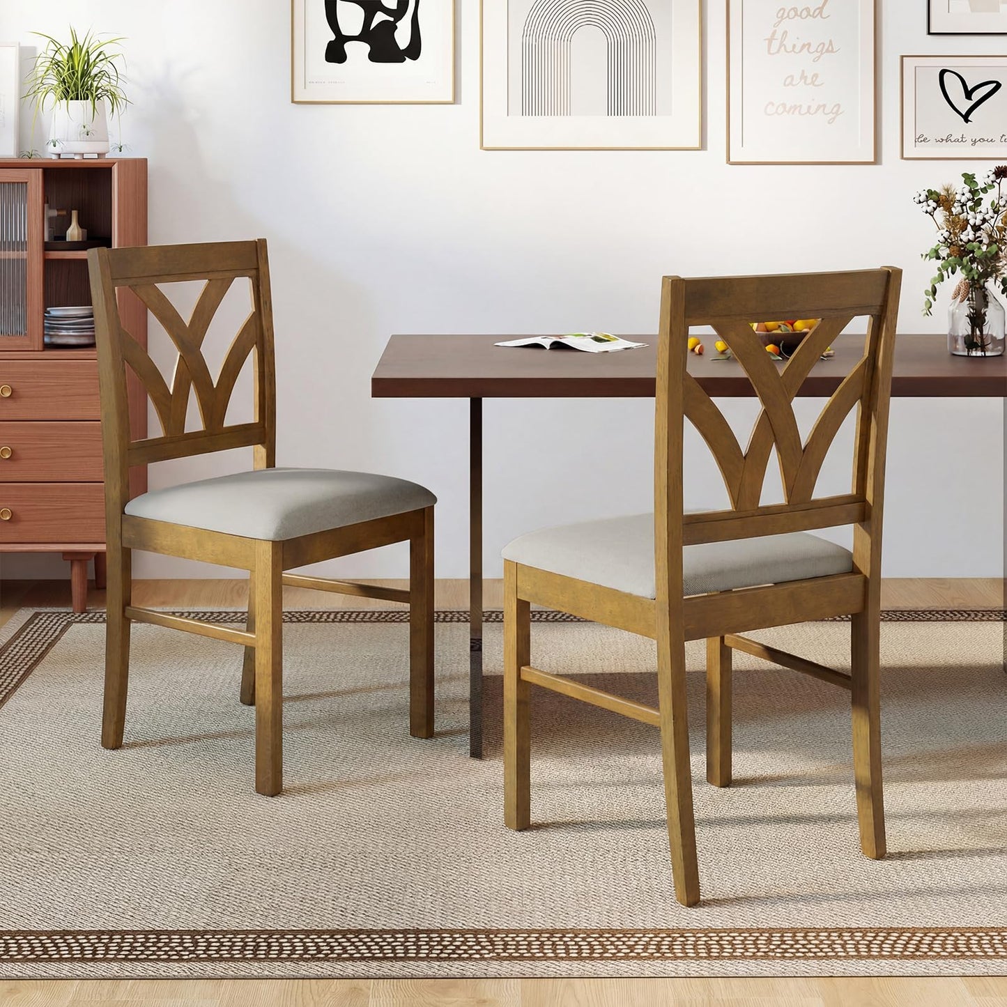 Giantex Wooden Dining Chairs Set of 2, Farmhouse Upholstered Kitchen Chairs with Solid Rubber Wood Frame, Hollowed Backrest & Soft Padded Seat, Armless Accent Side Chairs for Dining Room, Oak