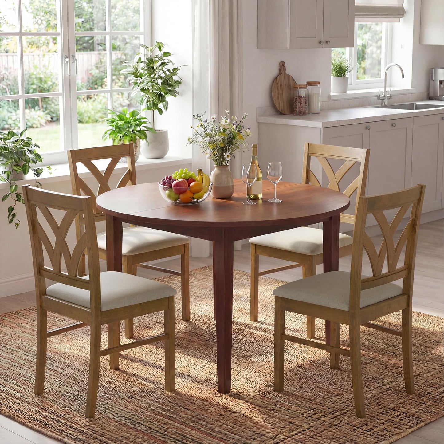 Giantex Wooden Dining Chairs Set of 2, Farmhouse Upholstered Kitchen Chairs with Solid Rubber Wood Frame, Hollowed Backrest & Soft Padded Seat, Armless Accent Side Chairs for Dining Room, Oak