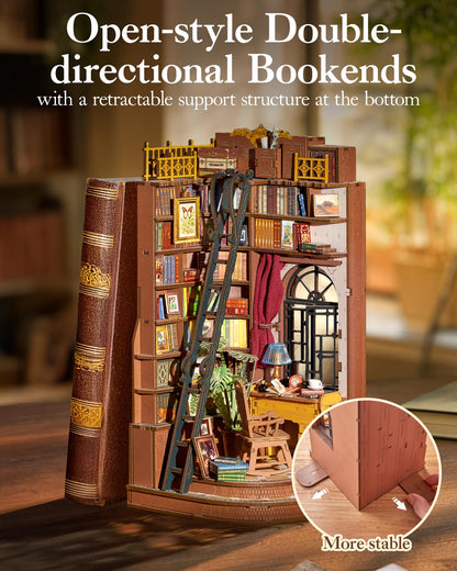 ROBOTIME Book Nook Kit, DIY Miniature House Kit, 3D Wooden Puzzle Bookends,Bookshelf Decor, Simple Assembly Dollhouse Kit, Creative Unique Gifts for Adults/Teens/Beginner (Silent Corner Study)