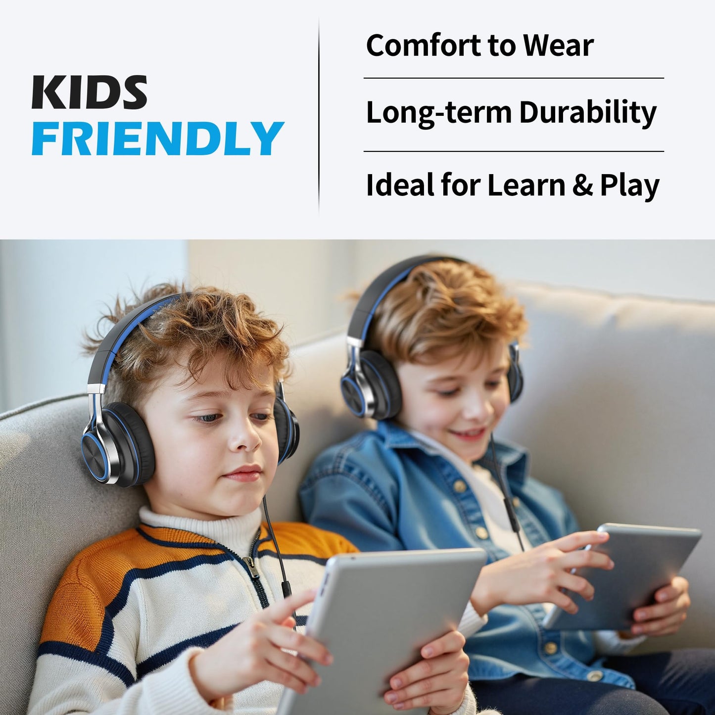 AILIHEN C8 Kids Headphones Wired, On-Ear Headphones with Microphone and Volume Control Foldable Corded Stereo 3.5mm Headset for School Teens Smartphones Chromebook Laptop Tablets Travel (Black Blue)