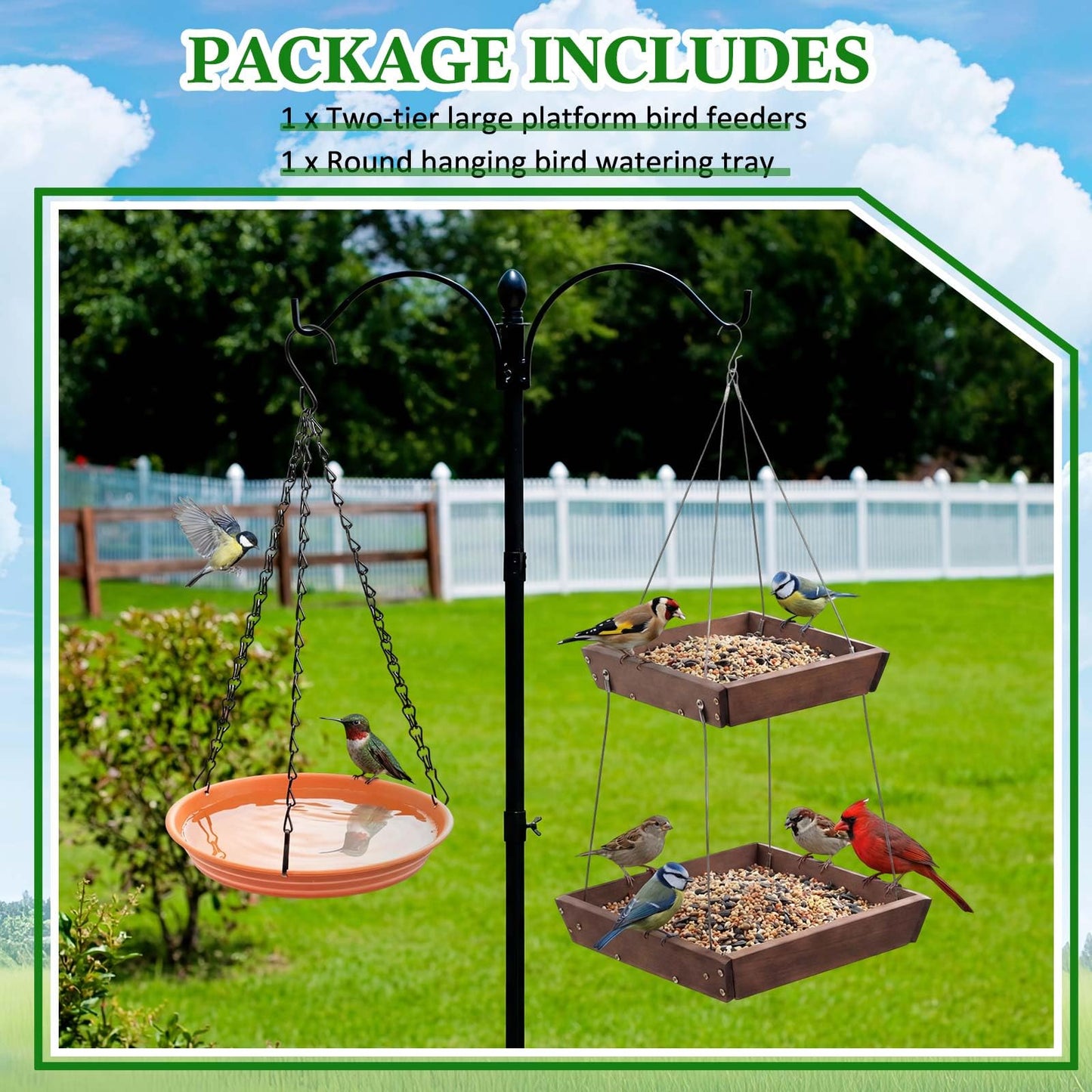 Ferrochef 2 Tier Large Platform Cedar Bird Feeders with Round Hanging Birds Watering Tray, Bird Bath, Wooden Mesh Seed Tray Platform for Outdoors Garden Decor, for Cardinal Blue Jay