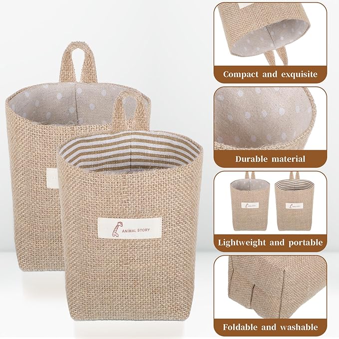 2 Pack Hanging Basket for Door, Small Jute Wall Storage, Hanging Storage Bags