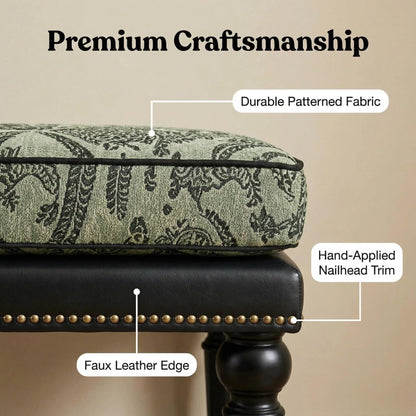 Forteek 47" End of Bed Bench, Traditional Upholstered Bedroom Bench with Removable Washable Jacquard Fabric Cover, Nailhead Trim, Vintage Accent Bench for Bedroom Living Room Entryway(Vintage Green)
