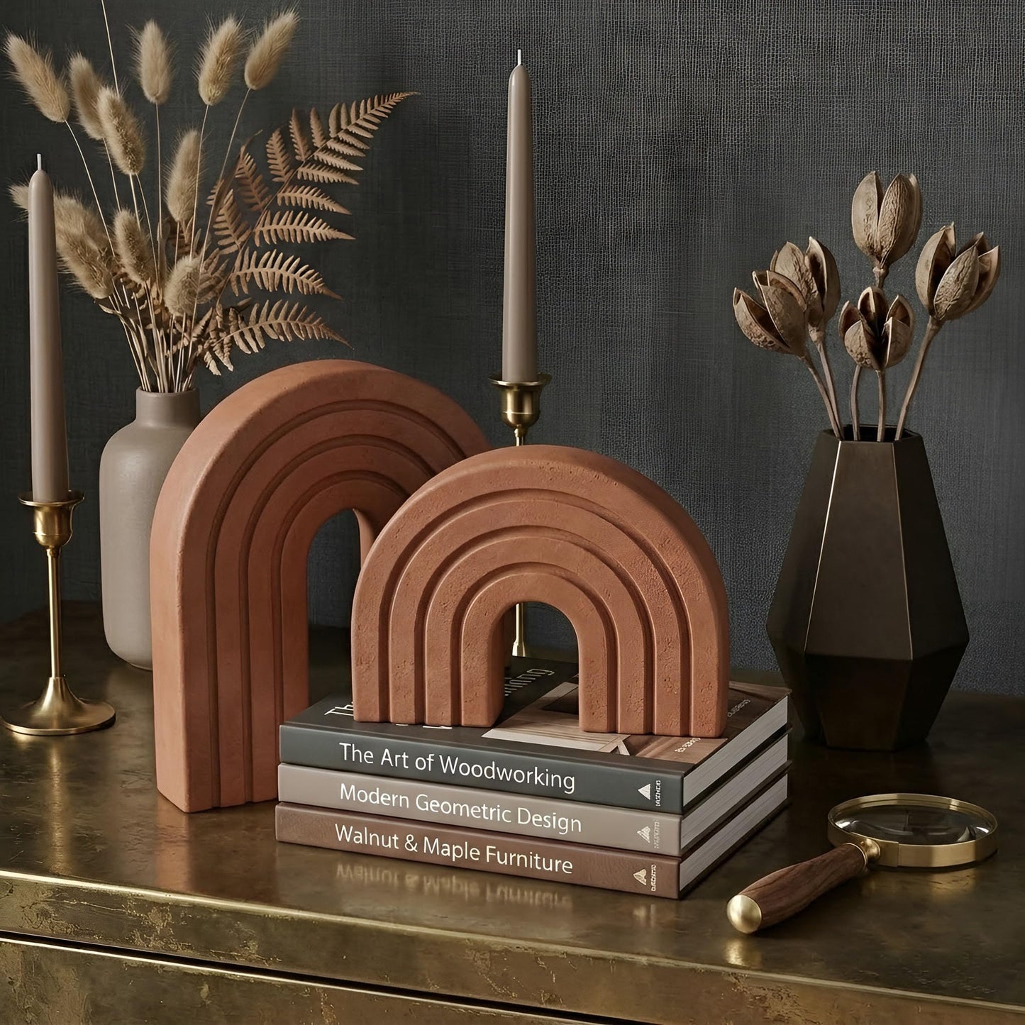 JADENIO 2Pcs Boho Decor Book Ends, Minimalist Wooden Arch Bookends for Shelves - Modern Farmhouse Decor for Living Room, Bedroom, Office & Dining Table