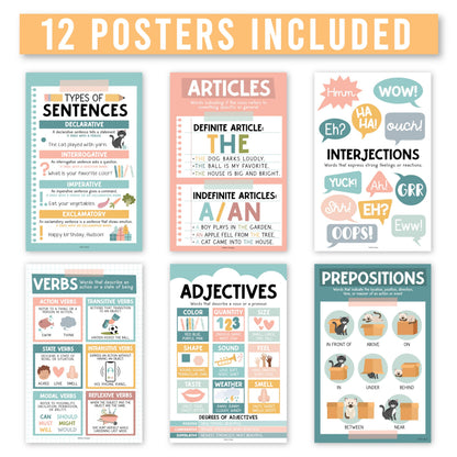 Parts of Speech Posters for Classroom Must Haves - 12 Grammar Posters, Writing Process for Homeschool, Elementary & Middle School, ELA 3rd 4th & 5th Grade Teacher Must Haves, Boho Classroom Décor