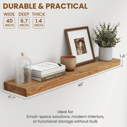 Fun Memories Wood Floating Shelves 40 Inch Long, Solid Elm Wood Wall Shelves Set of 1 for Kitchen, Living Room, Bedroom, Wall-Mounted Rustic Wooden Bathroom Shelf Storage Shelf for Farmhouse, Natural