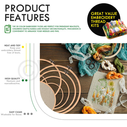 Keadic 78Pcs Embroidery Beginner Kit Contains 6 Colors Embroidery Fabric, Sewing Maker Pens, 50 Rainbow Colors Embroidery Thread, Circle Cross Stitch Hoop Rings, Cutter and Needles for Crafting