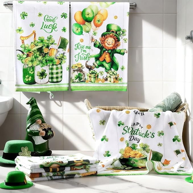 Breling Set of 6 St. Patrick's Day Kitchen Towels Shamrock Green Dish Towel