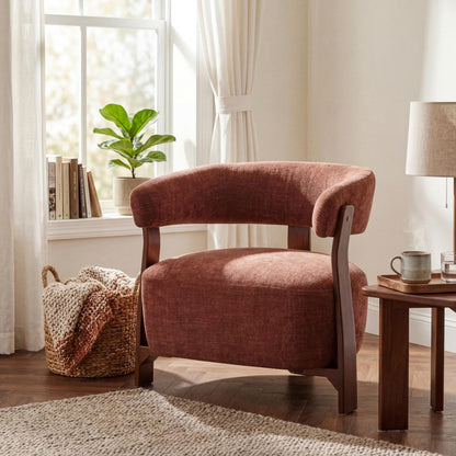 Christopher Knight Home Kled Upholstered Lounge Chair Indoor with Wooden Frame, Modern Accent Chair for Living Room, Comfy Reading Armchair with 3 Legs Design, Thick Cushions, Coral + Walnut