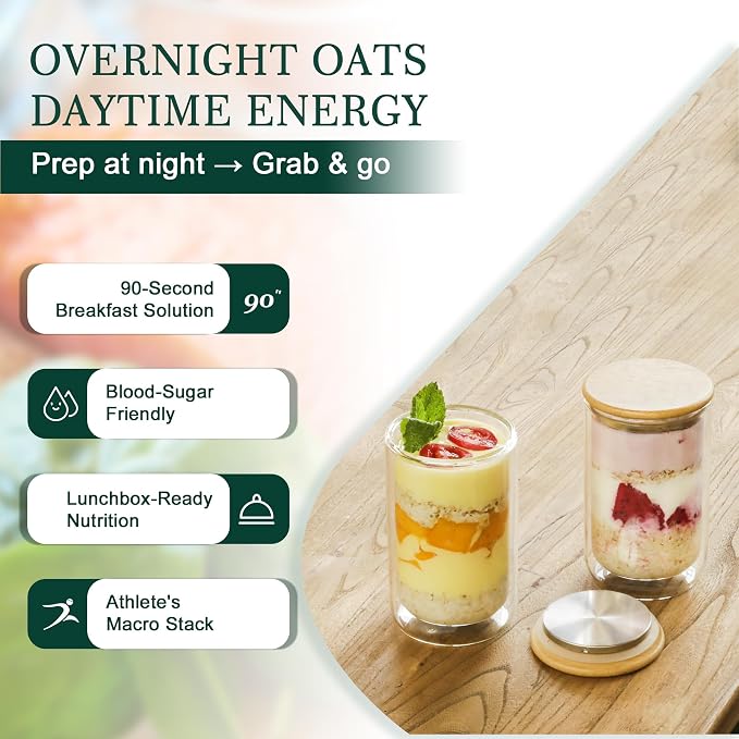 LIBWYS 2 Pack Overnight Oats Containers with Bamboo & Stainless Steel Lids, 15oz Meal Prep Jars - Double Walled High Borosilicate Glass jars for Overnight Oats, Chia Pudding & Salad