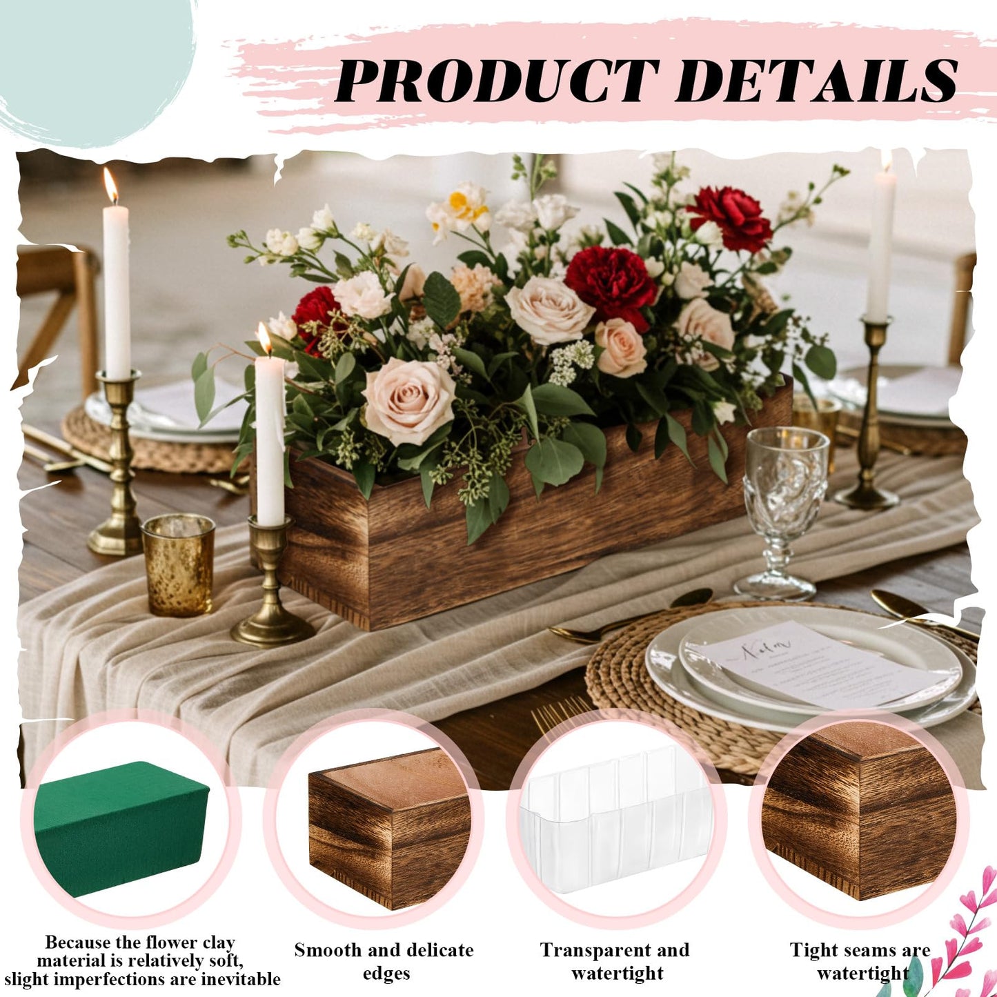 Dandat 3 Set Wood Boxes for Centerpieces 12x4 Inch Rectangle Wooden Planter Box Rustic Wood Planter with Removable Plastic Liner Floral Foam Blocks for Centerpieces Home Wedding Garden Decor