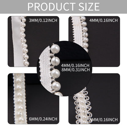 HLTOO 5 Yards Pearls Lace Ribbon Trim, White Beaded Fringe Trim Applique, for Sewing Clothing, Curtains, Wedding Decoration, Bridal Dress, Belt, Headwear, 5 Styles