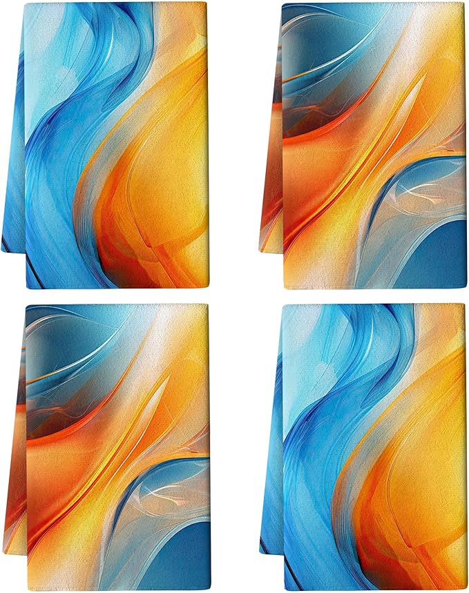 Orange Blue Kitchen Dish Towels Set of 4, Soft Absorbent Marble Decorative Tea