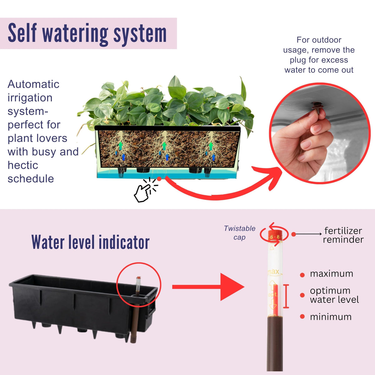 LaLaGreen Outdoor Rail Planter for Balcony (20 Inch, 2 Pack) Large Black Self Watering Railing Planters with Brackets, Rectangular Plastic Window Flower Box Fence Designer Choice with Rattan Pattern