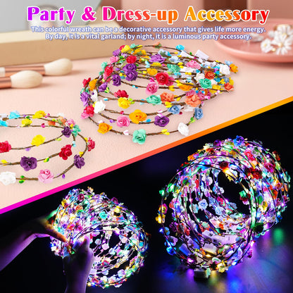 HONLYNE 100 PCS LED Flower Crowns Headbands, Light Up Flower Crowns For Women, Glow in the Dark Headband for Wedding Reception Birthday Christmas Mardi Gras Cosplay Princess Party Favors