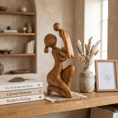 G6 Collection Wooden Handmade Abstract Mother and Child Sculpture Handcrafted Gift Art Decorative Home Decor Figurine Accent Decoration Artwork Hand Carved, Mother and Baby Statue