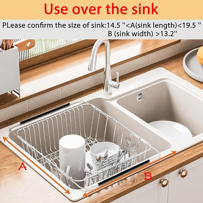 NiuYichee Stainless Steel Dish Drying Rack(15"L X 12.6"W X 4.7"H), Expandable Fruit & Vegetable Drain Rack over Sink, Dish Drainer Rack in Sink, with Stainless Steel Utensil Holder & Silicone Mat(16")