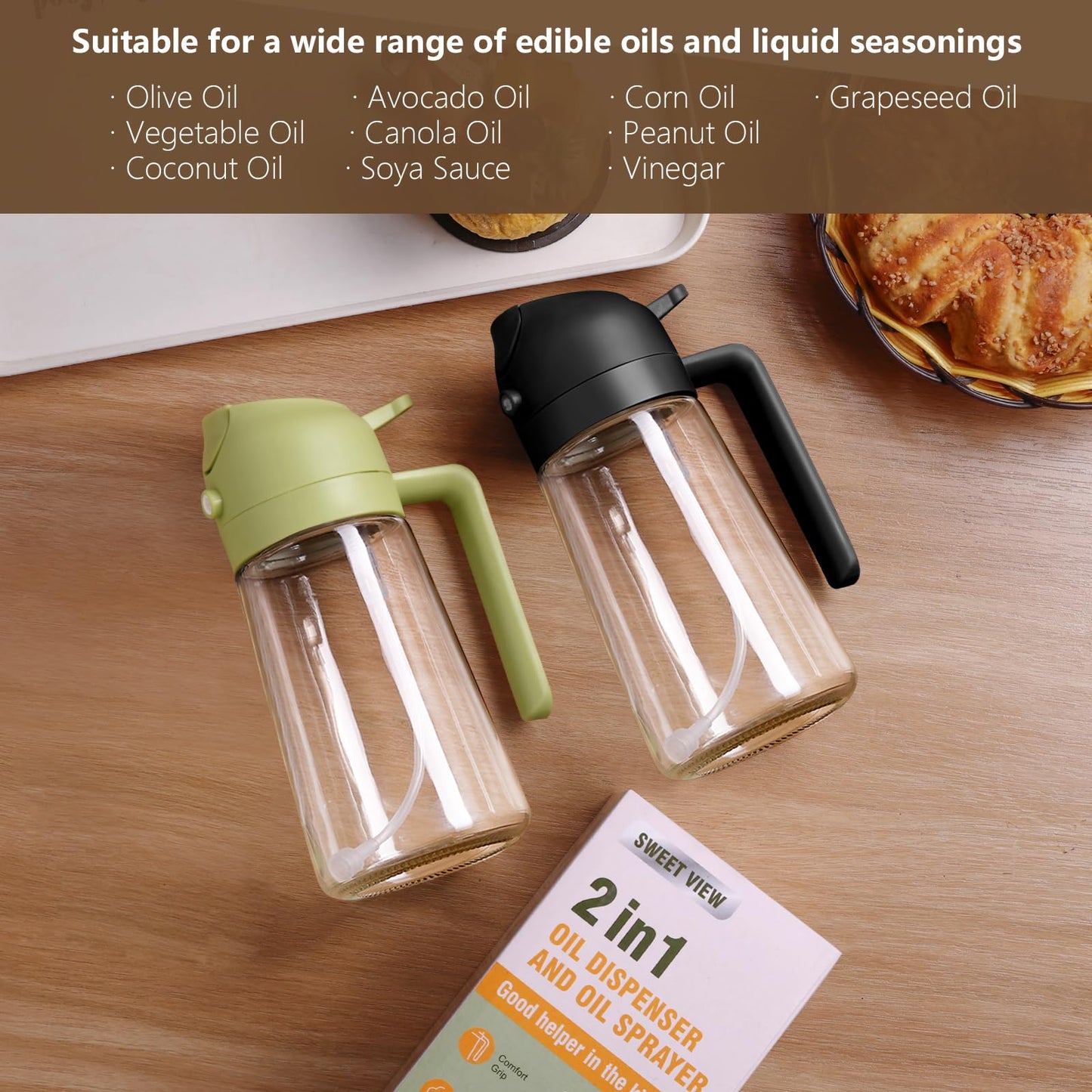 Olive Oil Sprayer for Cooking, 470ml 2 In 1 Glass Oil Dispenser/Pour Bottle, Kitchen Accessories, Kitchen Gadgets for Air Fryer, Salad, BBQ (Black)