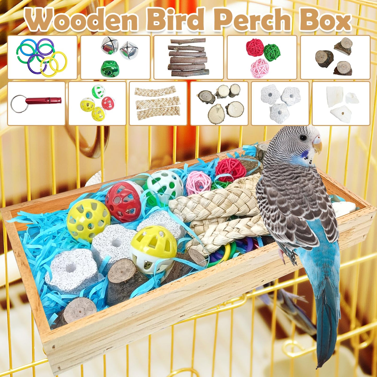 BNOSDM Bird Foraging Toys Box Colorful Parrot Foraging and Shredding Toy Boxes Natural Bird Toy Wooden Birds Chewing Toys for Parakeet, Conure, Cockatiel, Budgies, Lovebirds (Large)