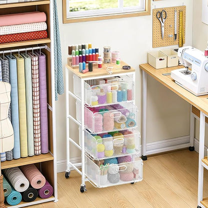 SUNALLY Rolling Kitchen Cart with Drawers, 4-Tier Utility Cart Fruit Vegetable Storage Cart with Lockable Wheels, Wooden Top Metal Kitchen Storage Organizer for Cans, Snacks, Beauty, Craft, Art, White